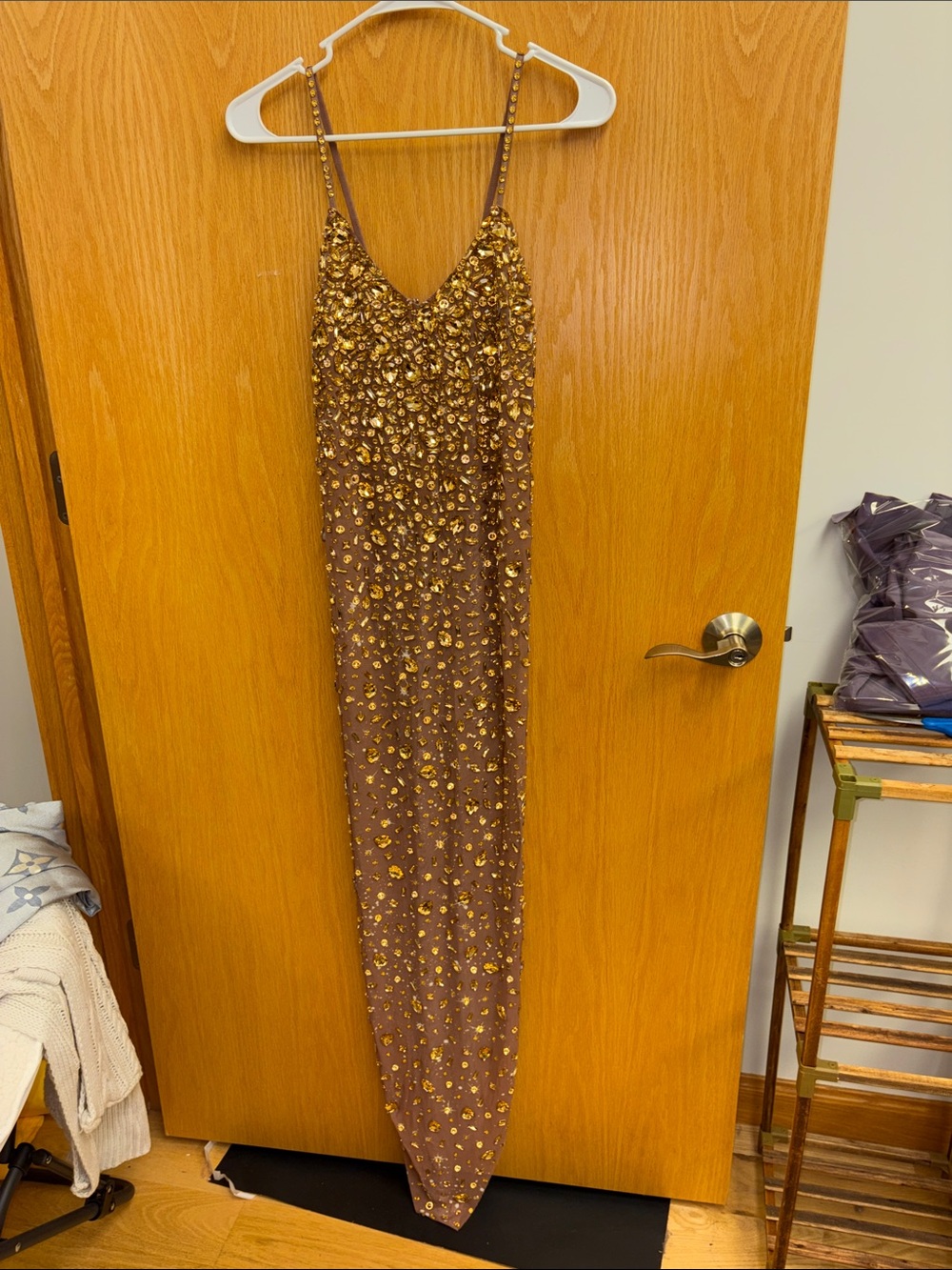 Gold Sequin Embellished Brown Slip Dress
